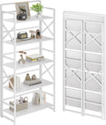 THKKY No Assembly Folding Bookshelf, 5 Tiers Vintage Wood Collapsible Book Shelf for Storage,Industrial Metal Foldable Bookcase Organizer for Living Room Bedroom Home Office (White)