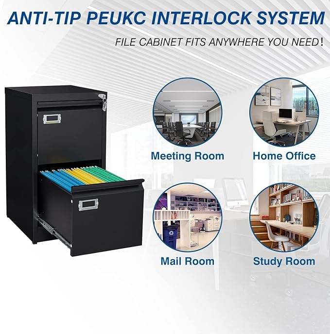 PEUKC 2-Drawer File Cabinet, 16.3" Deep Vertical Metal Filing Cabinet with Lock for Home Office, Anti-Tip 2 Storage Drawers for Letter/Legal/A4/F4 Size (Assemble Required, Black)