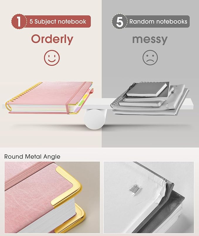 Hardcover Spiral Notebook 8.5"x11" Journal with Removable Dividers Tabs, 300 Pages Leather 5 Subject Notebook College Ruled, Large Notebooks for Work School, Lined Journal for Women, A4 Rose gold
