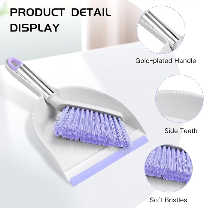 NACENA Mini Broom and Dustpan Set, Small Dust Pan and Brush Set with Handle Dustpan Teeth for Cleaning Hair Suitable for Office Desks Drawers Sofas Outdoor Camping, Light & Purple