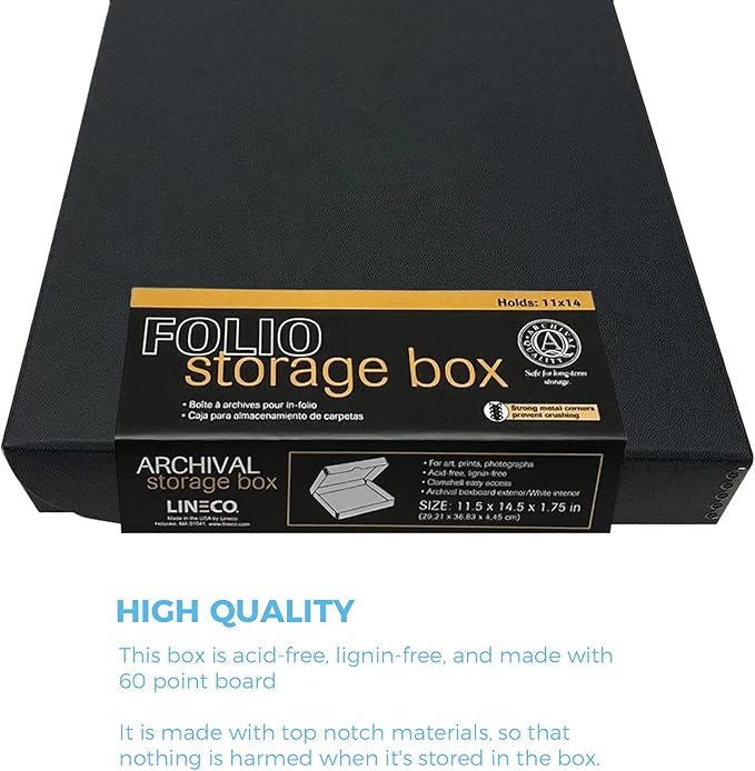 Lineco Folio Storage Box, Clamshell Design, 9.5x12.5x1.75 Inches, Archival Boxboard, Preserve Photos, Cards, Magazines, Documents, Art, Ephemera, Family Records, Black, Pack of 1