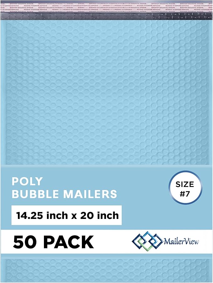 Light Blue Extra Large Poly Bubble Mailers 14.25x20 inch #7 | Self Seal Large Padded Envelopes | Air Cushioned Bubble Mailer | Usable Size 14.25x19 Lightweight Mailing Shipping Bags| 50 Pack Bulk