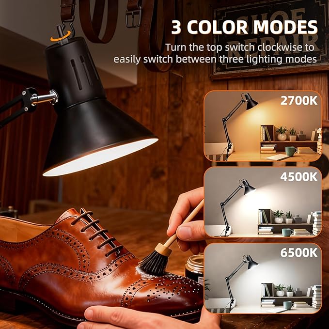 2 Pack LED Desk Lamp Dimmable with Clamp, Eye-Caring Clip on Lights for Home Office, 3 Adjustable Color Temperature, Extra Tall Metal Swing Arm, High Intensity Clamp w/A19 E26 Bulb for Working Reading