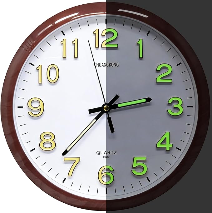 Oxmidud Glow in The Dark 3D Numerals Wall Clock，12 Inch Retro Silent Non-Ticking Battery Operated Easy to Read Vintage Analog Clocks for Living Room Kitchen Office Bedroom Decor