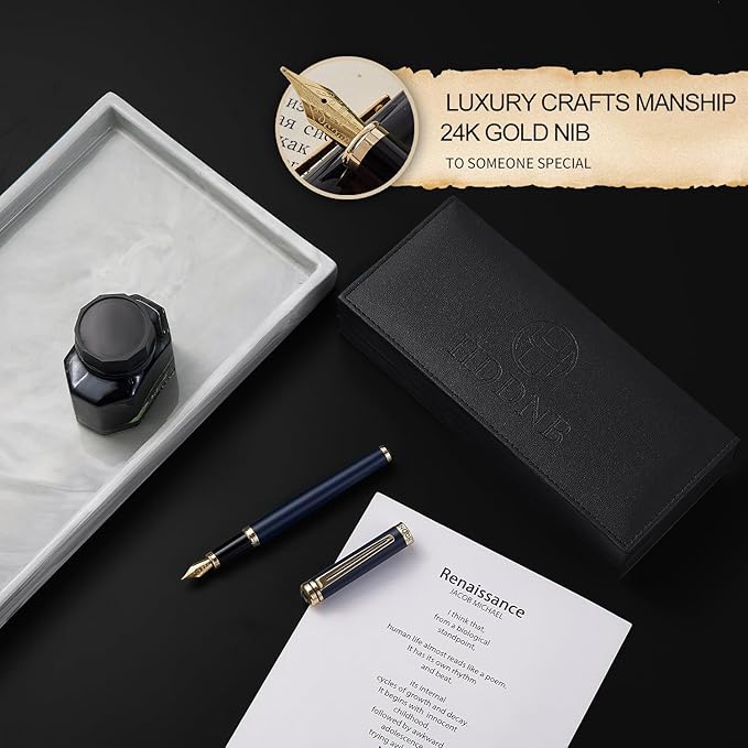 HDDNB Blue Luxury Fountain Pen Set for Men and Women with Gift Box, 24K Gold Finish and Gilded Nib(Fine) with 5 Black Ink Cartridges and Converter