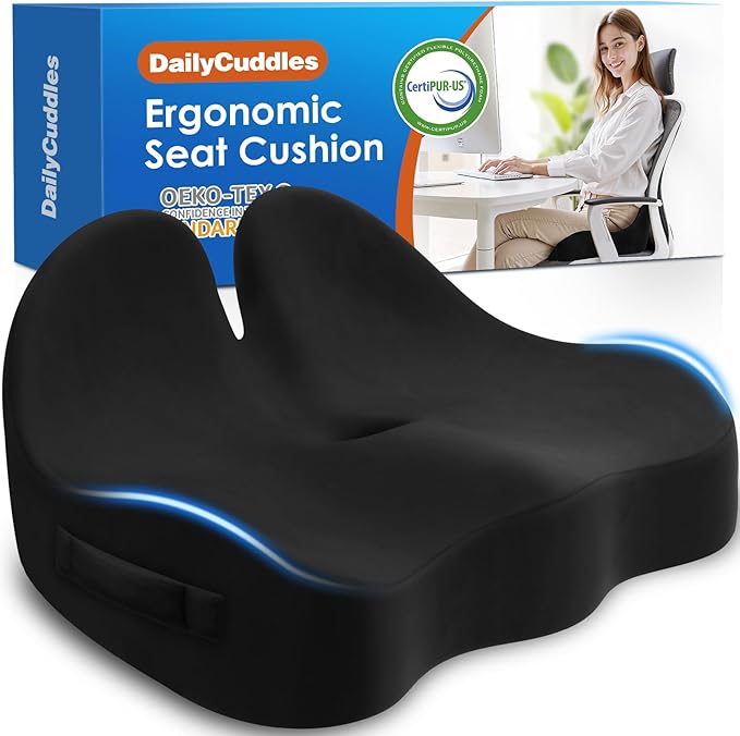 DailyCuddles Seat Cushion, Chair Cushions for Office Chairs/Desk Seats/Wheelchair - Hip&Sciatica&Tailbone Pain Relief Memory Foam Office Chair Cushion for Long Sitting Office Workers, Black