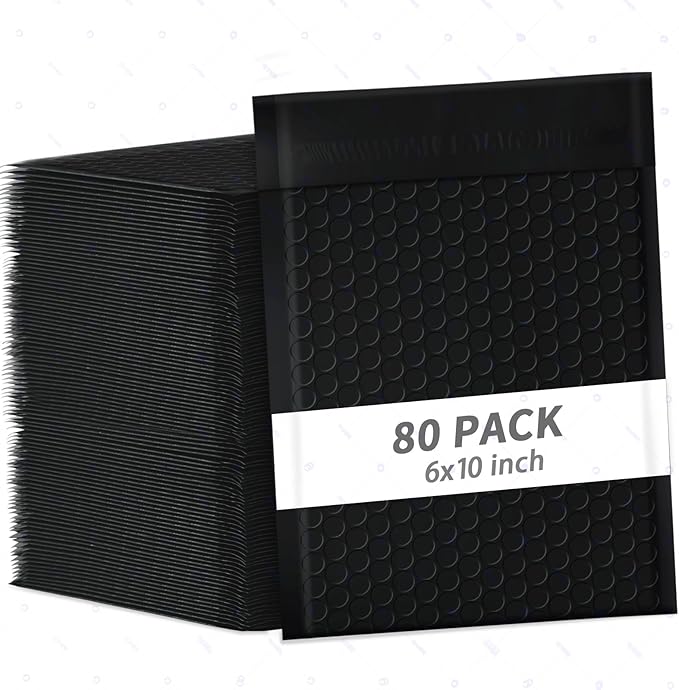 skardeco 6x10 Inch Black Bubble Mailers 80 Pack Self-Seal Poly Padded Envelopes Suitable for Small Businesses to Package and Mail Jewelry Cosmetics, Electronic Products, Cards (Black, 6x10-80)