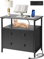Edbuosy 27 inch Wide Night Stand with Charging Station, Bedside Table with Open Shelf, 2 Drawers Small Wood Dresser, Modern Wood Nightstand for Bedroom/Living Room (Black)