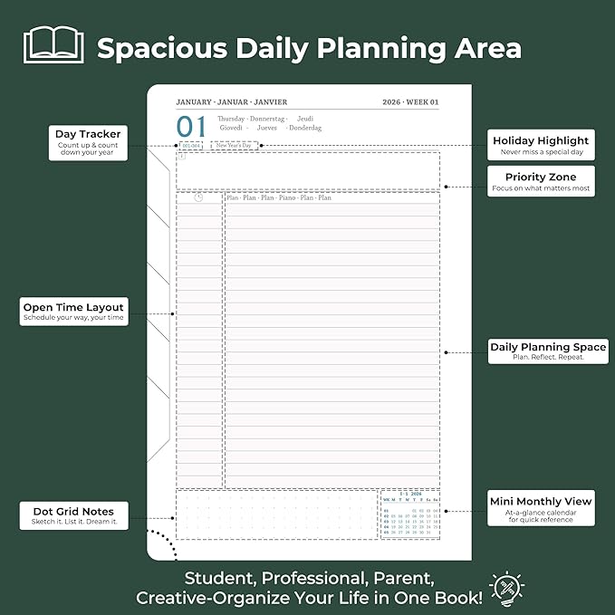 IN-luxpro Daily Planner 2026 with One Page Per Day,(A5-8.5" x 5.9"),12 Months Calendar Hourly Appointment Book Monthly Tabs & Self-adhesive Pen Holder,Inner Pocket, Vegan Leather Hardback,Green