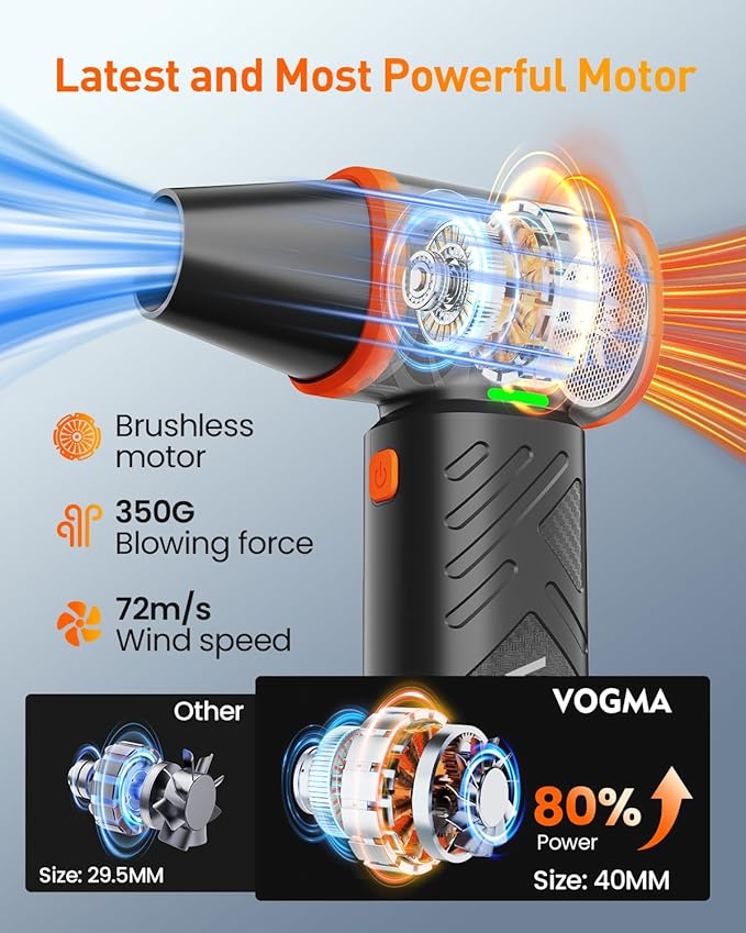 VOGMA V40 Compressed Air Duster-270000RPM 350G Super Power Electric Air Duster, 10000mAh Cordless Rechargeable Brushless Motor Snow Blower, Stepless-Adjustable Air Blower for PC, Keyboard, Home, Car