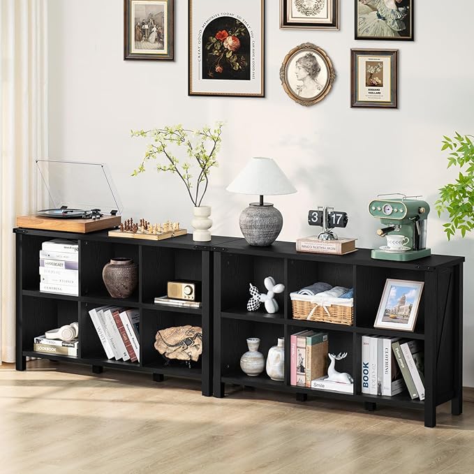 Joaxswe 6 Cube Bookcase, Farmhouse Wood Low Storage Organizer Book Shelf, Black 47" Horizontal Console Bookshelf with Legs, Hallway Book Case for Entryway, Display Cabinet for Living Room, Office