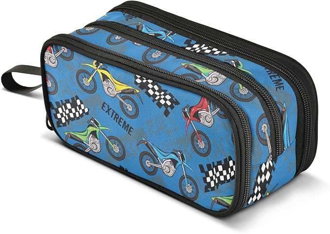 BOENLE Colorful Motorcycle Pencil Case Box Boys Girls Large Pencil Pouch with Zipper Compartments Big Capacity Stationery Pen Bag Organizer for Kids Teens Adults School
