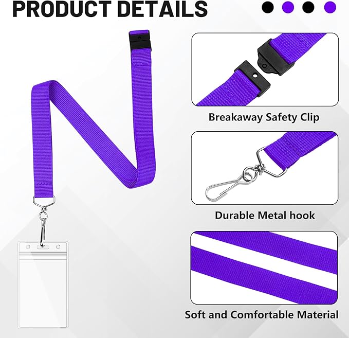 12-Pack Purple Breakaway Lanyards with Waterproof Badge Holders, Polyester Neck Straps for ID Cards, Events, Office, and Schools