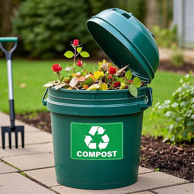 YIKIADA 10 Pack Compost Stickers 10 × 7 Inches Vinyl Weatherproof Self Adhesive Recycle Sign for Trash Cans Yard Waste Bins Home Business