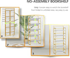 4NM No Assembly 5 Tiers Folding Bookshelf Storage Shelves Vintage Bookcase Standing Racks Study Organizer Home Office (White Gold)