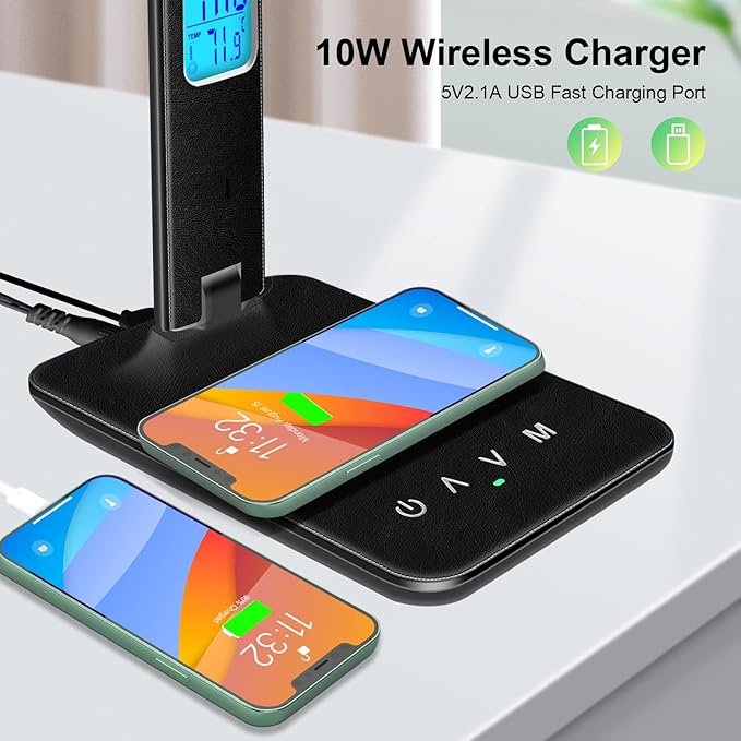 snsok Desk Light with Wireless Charger, USB Charging Port, Dimmable Office Desk Lamp with Clock, Alarm, Date, Temperature, Foldable Lamp for Table Bedroom Bedside Office