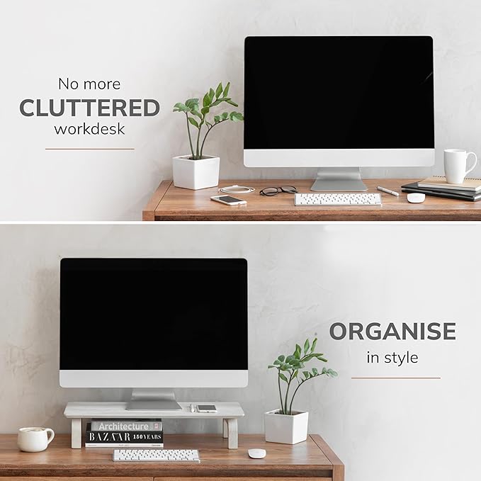 Anji Mountain Monitor Stand - Desktop Organizer & Laptop Riser, Ergonomic Monitor Riser, Space-Saving Monitor Stand for Desk, Durable Construction, Easy Assembly, Ideal for Home & Office,White Wash