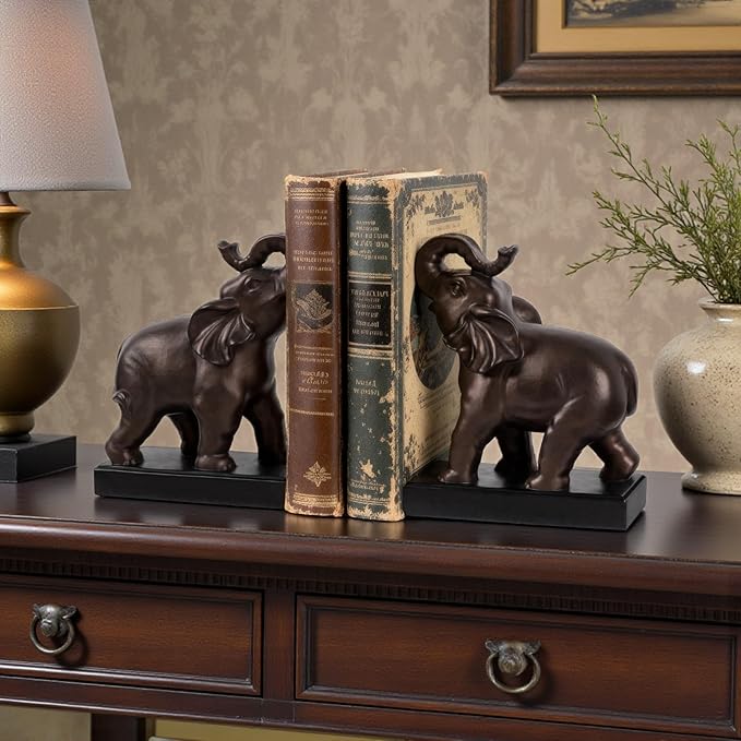 MXARLTR Elephant Decorative Bookends, Bookends for Shelves, Book Ends for Heavy Books with Anti-Slip Pad for Book Lovers Heavy Book Holder for Home Office Decor (Bronze)