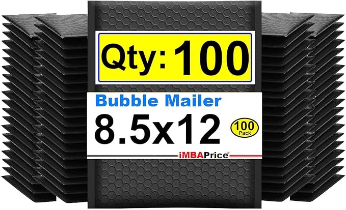 iMBAPrice 8.5x12 Inch Black Poly Bubble Mailers #2, 100-Pack Medium Padded Shipping Envelopes, Self-Seal Polybubble Bags for Mailing, Packaging & E-Commerce