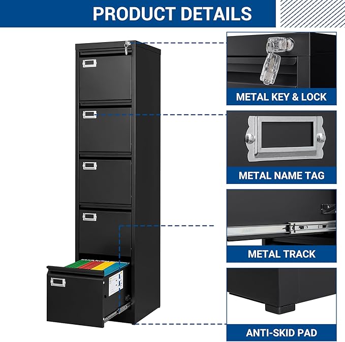 Fesbos File Cabinets - 5 Drawers Vertical 17.8" Deep Lockable Filing Cabinet - Black & Gray Metal Storage Cabinets for Home Office to Hanging Files Letter/Legal/F4/A4 Size