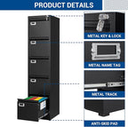 Fesbos File Cabinets - 5 Drawers Vertical 17.8" Deep Lockable Filing Cabinet - Black & Gray Metal Storage Cabinets for Home Office to Hanging Files Letter/Legal/F4/A4 Size