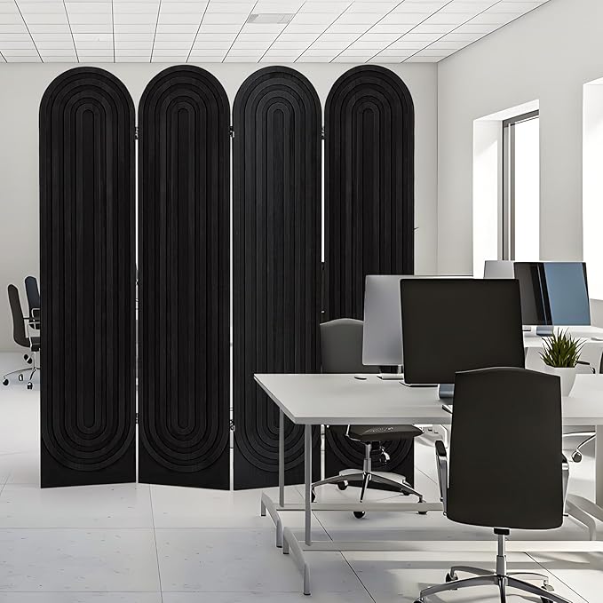 Asnefeli Room Divider and Folding Privacy Screen, 4 Panel Wood Arched Room Divider Wall, Portable Freestanding Partition Screen, Partition Divider for Room Separation for Home Office Bedroom, Black