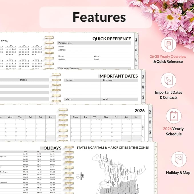 SUNEE 2026 Planner, Weekly and Monthly Calendar Planner, January 2026-December 2026, Daily Agenda with Tabs, Note Pages, Spiral Binding, 6.4"x8.3", Colorful Flowers