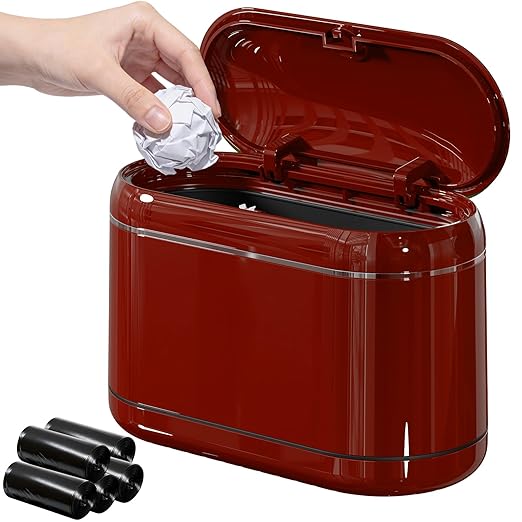 PAVSTINE Mini Trash Can for Desk with 5 Rolls of Trash Bags, Small Press-Top Countertop Garbage Bin, Removable Waste Basket for Bedroom, Vanity, Coffee Table, Kitchen (Red Full-Lid)