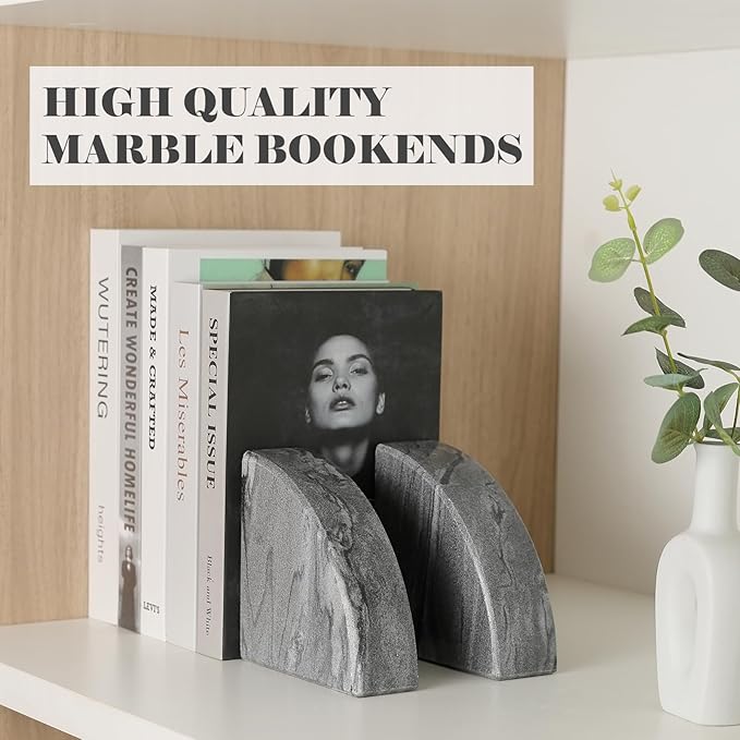 Karibiber Marble Bookend for Shelves, Non-Skid Bookends for Heavy Books, Heavy Duty Book Stopper for CDs, Luxury Book Shelf Holder, Quarter Circle Design Book Ends Decorative, Monte Grigio, Set of 2