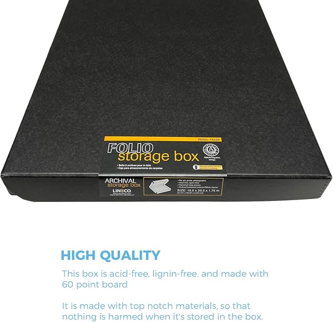 Lineco, Archival Folio Storage Box. Acid-Free, Metal Edge Boxboard, Clamshell Lid. 16 x 20 x 1.75 Inches. Preserves and Organize, Stores Photos, Documents, Craft, Prints, DIY. Black, Pack of 2