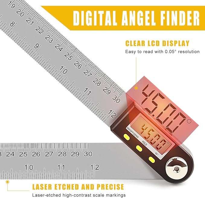 Delgada 12 inch/300mm Digital Angle Finder Tool Stainless Steel Digital Protractor Angle Ruler Finder Tool for Woodworking with Zeroing and Locking Function Battery
