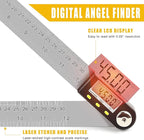 Delgada 12 inch/300mm Digital Angle Finder Tool Stainless Steel Digital Protractor Angle Ruler Finder Tool for Woodworking with Zeroing and Locking Function Battery