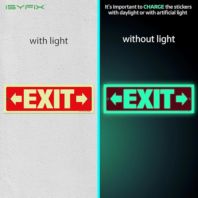 iSYFIX Exit Signs with Directional Right & Left Arrow - 6 Pack 12x4 Inch Glow in the Dark for Business, School, Office, Warehouse - Durable 40 Mil Polystyrene, UV Laminated, Waterproof, Scratch & Fade Resistant