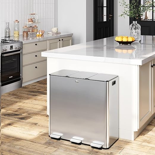 Garvee Trash Can, 24 gal Triple Compartments (3X30 L) Stainless Steel Kitchen Trash Can for Recycling, 8+8+8 gal Plastic Inner Buckets, Quiet Close, Brushed, Airtight, Silver