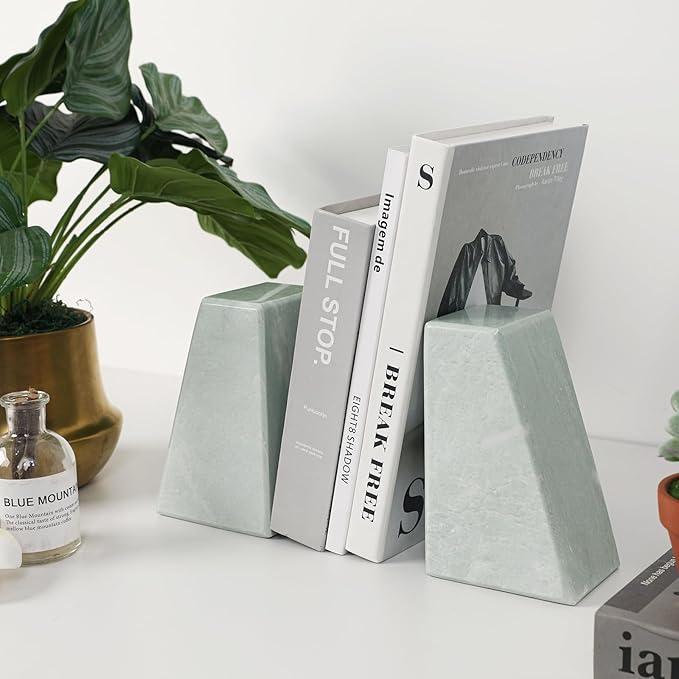 Faticdorr Luxury Marble Bookends for Shelves, 11LB Heavy Duty Marble Book Ends for Heavy Books, Stone Bookends Decorative, Polished, Light Green Triangular, Set of 2