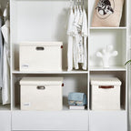 Roobyl 17" Large Collapsible Storage Bins with Lids, Stackable Closet Organizers with PU Handle and Labels, 3-Pack Decorative Fabric Storage Boxes for Home, Bedroom, Closet, Office, Nursery(White)