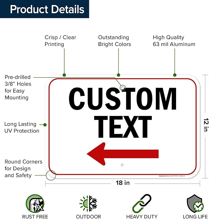 Custom Arrow,Custom Directional Sign, Left Arrow,12x18 Inches, Rust Free .063 Aluminum, Fade Resistant, Made in USA by My Sign Center