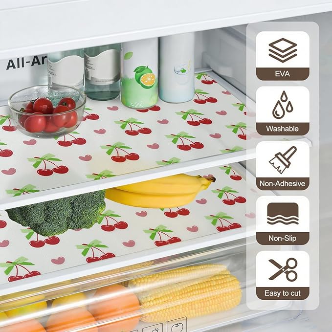 Cherry Shelf Liner for Kitchen Cabinets - Non-Adhesive Drawer Liner, Washable Non-Slip Fridge Liners for Shelves, Refrigerator Mats, Waterproof Kitchen Drawer Organizer