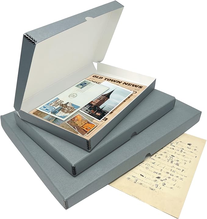 Lineco Folio Storage Box, Clamshell Design with Metal Edge. 11.5x17.5x1.75 Inches, Archival Boxboard, Preserve Photos, Cards, Magazines, Documents, Art, Ephemera, Family Records, Gray, Pack of 2