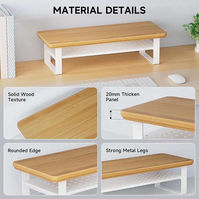 NestNeat Monitor Stand Riser, 24 Inch Computer Monitor Stand for Desk, 2-Tier Wood Desk Shelf Organizer with Storage, Desktop Stand for Laptop/Screen/PC/Printer, Ergonomic Home Office Monitor Stand