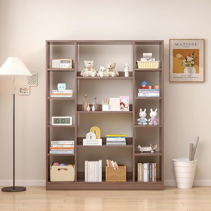 OSCHF Cube Storage Bookcase with Base - Large Wooden Bookshelf with 10 Open Cubes and 4 Shelves for Home and Office, Freestanding Organizer, Walnut
