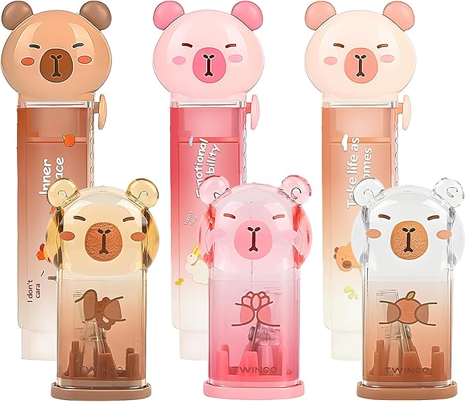 6Pcs Capybara Cute Stationery Set,Kawaii School Supplies,Including 3 Pencil Sharpeners and 3 Retractable Erasers, for Kawaii Office School Home Supplies (Capybara)
