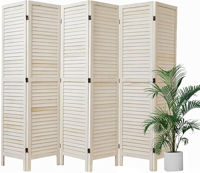 White Room Divider, Temporary Wall with Double Hinges, 5.6 Ft Tall Folding Louver Wood Screen for Home Office Bedroom Hotel Decoration (6 Panels, White-Washed)