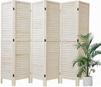 White Room Divider, Temporary Wall with Double Hinges, 5.6 Ft Tall Folding Louver Wood Screen for Home Office Bedroom Hotel Decoration (6 Panels, White-Washed)