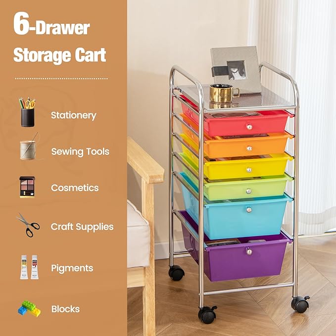 RELAX4LIFE 6-Drawer Rolling Storage Cart - Classroom Organization on Wheels w/Removable Plastic Drawers, Mobile Art Craft Cart for School Paper Home Office, Utility Cart with Drawers (Multicolor)
