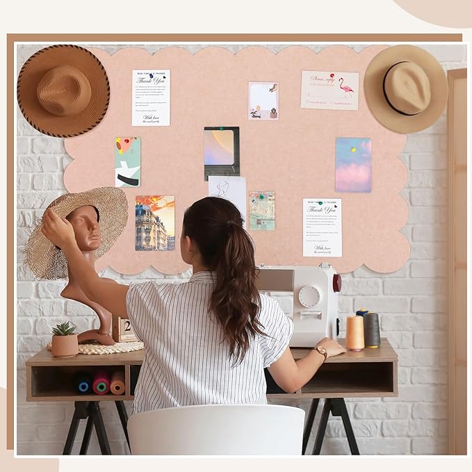 Mooliwe Scalloped Felt Bulletin Board 48 x 36 Inches Foldable Flesh Pink Pin Cork Board Alternative for Wall, 4' x 3' Trifold Picture Vision Self Adhesive Bulletin Decorative