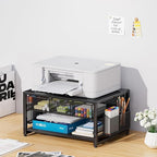 Marbrasse Metal Printer Stand for Desk with Storage Drawer and 2 Pen Holders, 2-Tier Desktop Organizer Printer Table for Home Office, Multi-Purpose Desk Organizer for Fax Machine Scanner Files(Black)