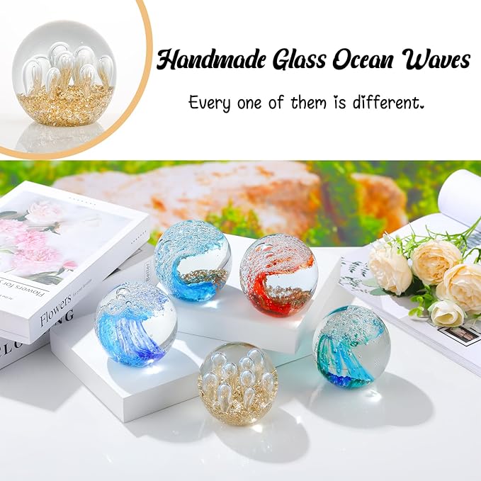 Arikyrist Glass Figurines Ball Ocean Waves Paperweight Glass Ball for Friends Ocean Lovers, Clear Bubble Ball with Sprouting Bubbles & Golden Light Decoration for Home, Office and Aquarium