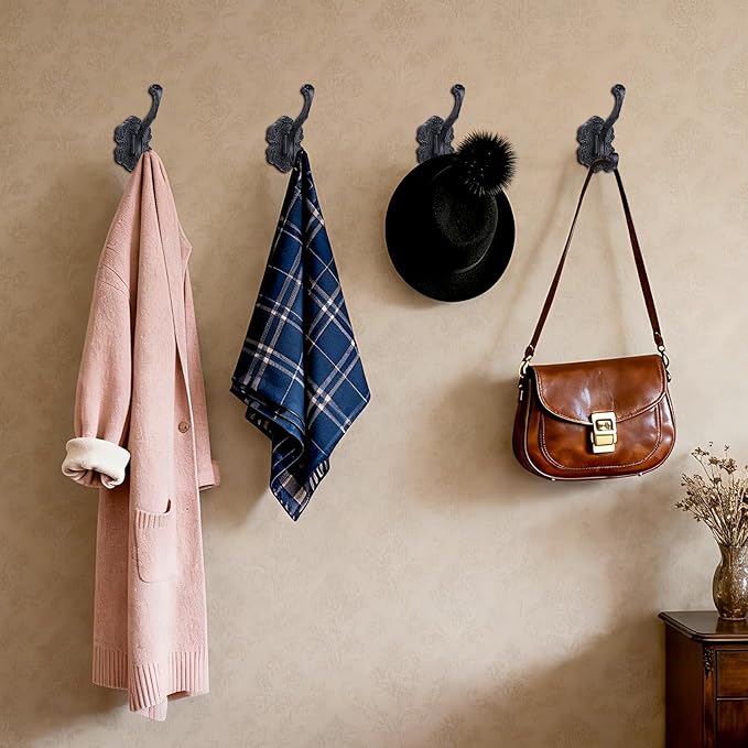 4 Pcs Black Coat Hooks Wall Mount, Matte Metal Hat Hooks for Entryway, Cubicle, Mudroom, Bathroom, Heavy Duty Vintage Decorative Wall Hooks for Towel, Key, Robe, Backpack, Purse, Bag, Clothes, Jacket