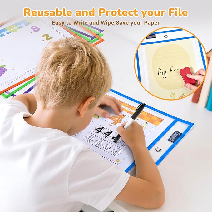 Gamenote 70 Pack Dry Erase Pockets with 5 Rings, 10 Assorted Colors 10x14 Oversized Reusable Plastic Sleeves, Clear Sheet Protectors, Teacher Supplies for Classroom Organization